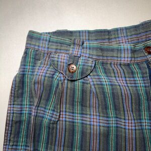 VTG Crew Tartan Plaid Shorts Mens 34 Pleated Green Blue Cotton Grunge Loose 90s